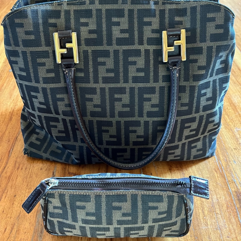 FENDI vintage zucca handbag with matching cosmetic pouch